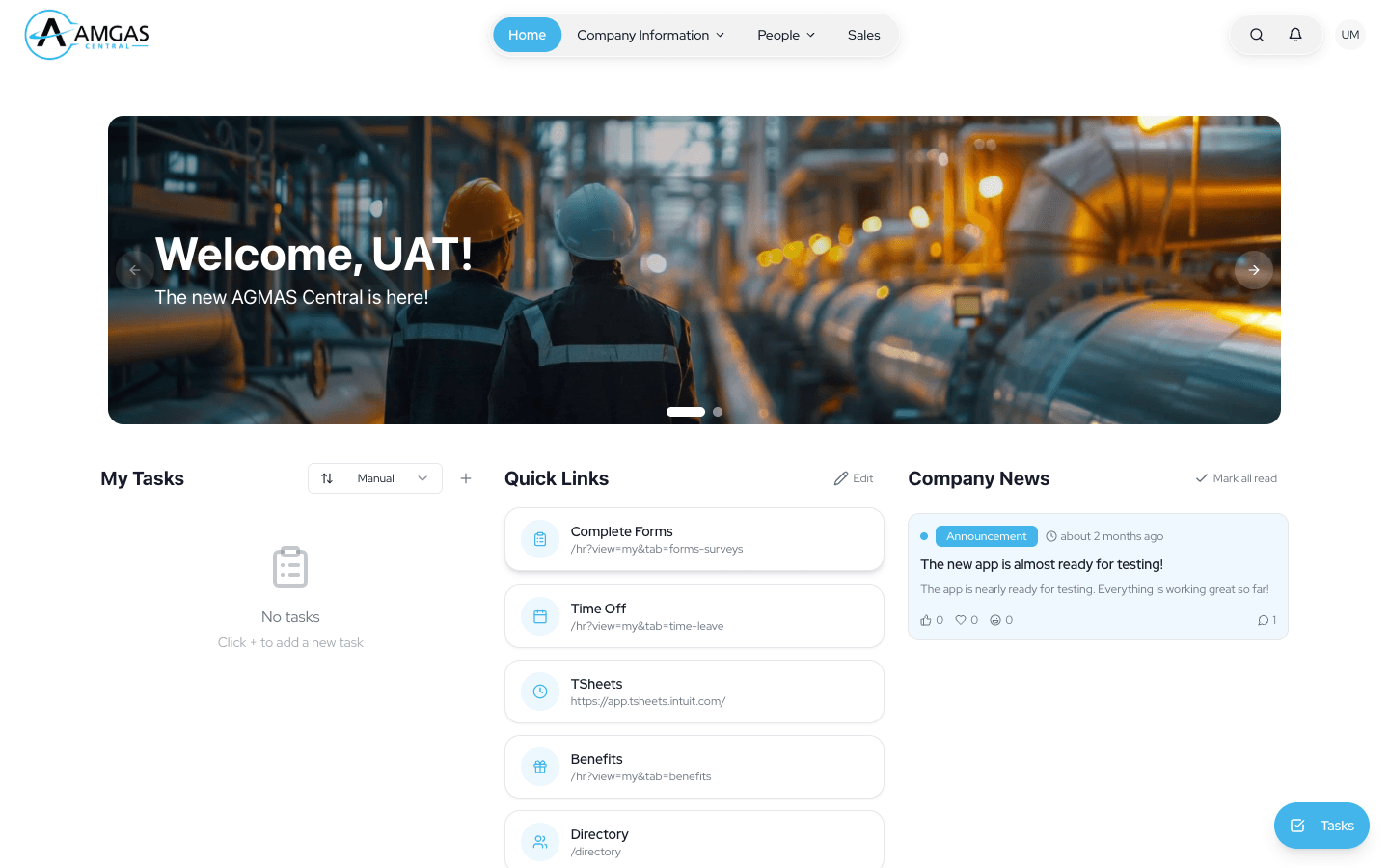 AMGAS Central dashboard showing tasks, company links, and company news