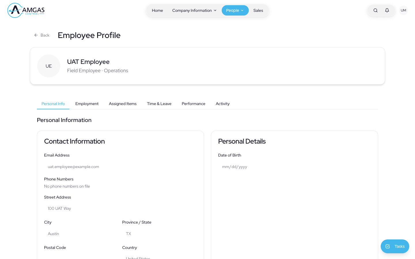 AMGAS Central employee profile bringing personal, employment, assigned work, leave, performance, and activity into one record